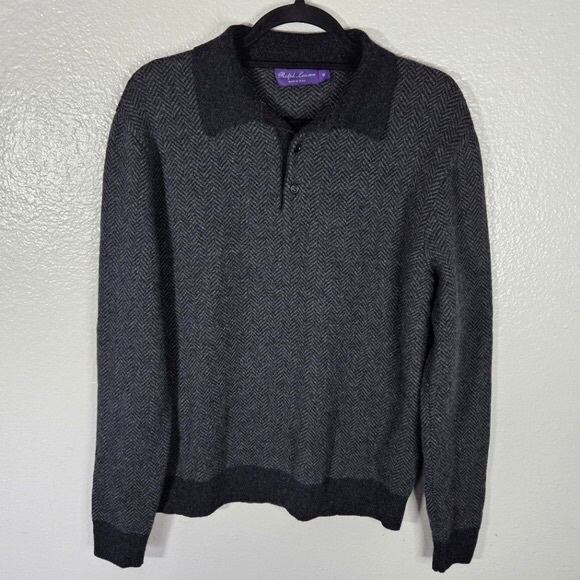 Ralph Lauren Purple Label Herringbone Cashmere Polo-Collar Sweater Size M